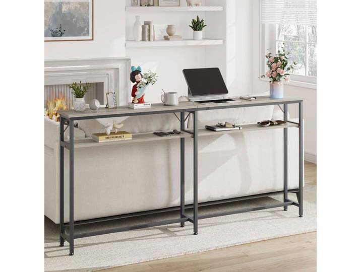 LUNSY Console étroite à 2 étagères 180 x 20 x 99 cm Montage Facile pour Entrée Salon Gris