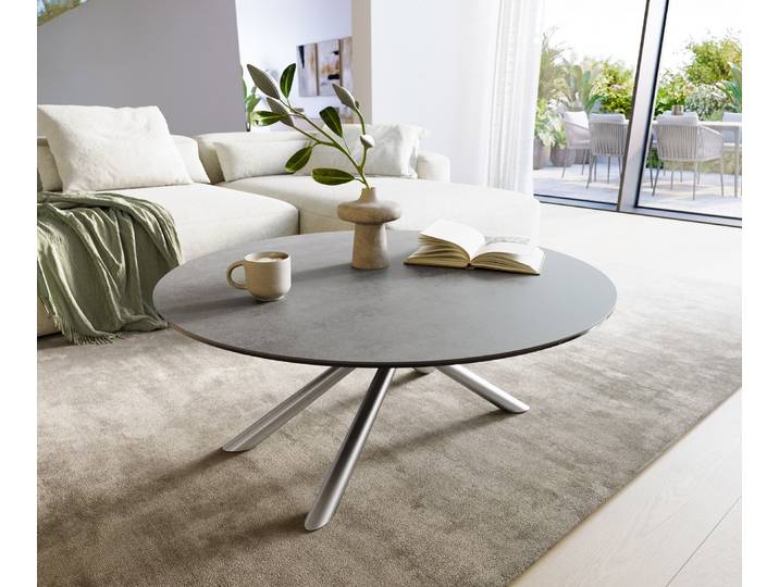 Couchtisch Edge Rund 100x100 cm Keramik Beton Grau Sarity Edelstahl gebürstet, Couchtische