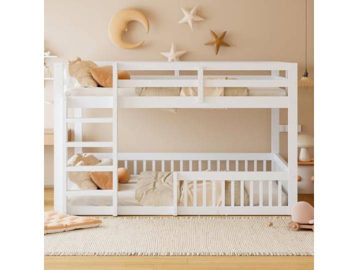Holzbett Etagenbett 160x200 Doppelbett Kinderbett mit Rausfallschutz, Weiß Stilvolles Kinderbett Etagenbett 160x200 Doppelbett Jugendbett Bettgestell mit Rausfallschutz, Ohne Matratze