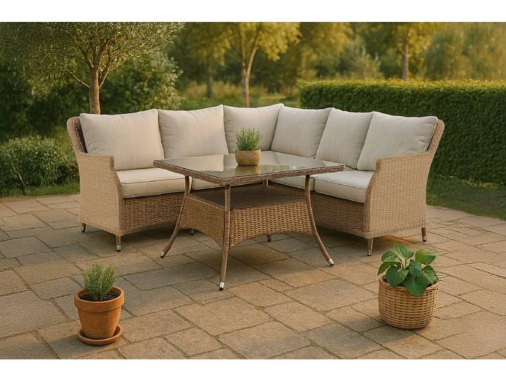 Garten Loungeset Davido – aus Polyrattan mit Ablagetisch - Beige - Luxusbetten24