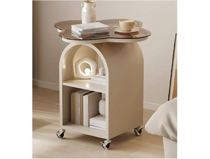 LigedamaiEU Beweglicher Glas-Beistelltisch mit Rollen, Wohnzimmer-Sofa, kreatives Aufbewahrungsregal mit geringem Gewicht(Beige)