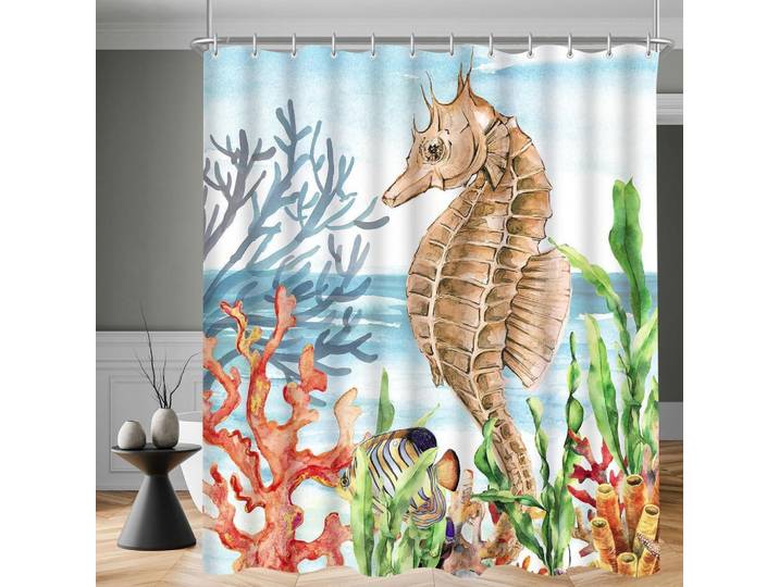 Duschvorhang Seepferdchen Bemalt 180 x 200 cm, Mehrfarbig, 180x200 cm, Heimtextilien, Badtextilien, Duschvorhänge