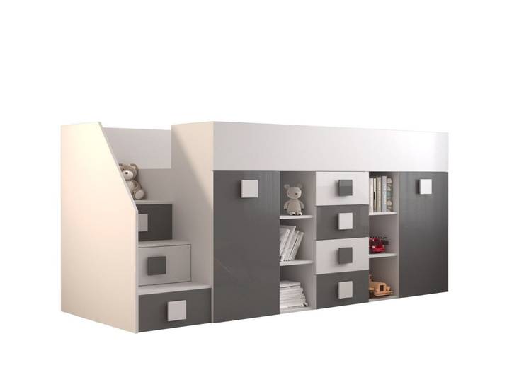 QMM TraumMöbel Hochbett TELLY 3 mit Treppe links (Möbelstück, 1-St., Bett mit Schrank, Schreibtisch, Schubladen, Regale, Treppe) ausziehbarer Schreibtisch mit weiteren Stauräumen