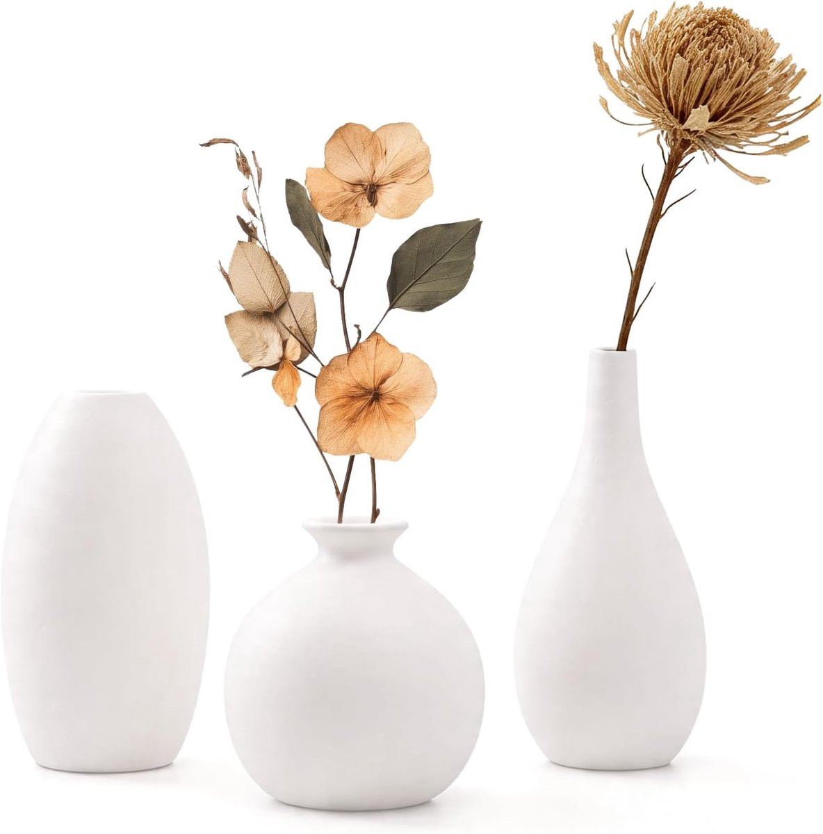 Set van 3 witte handgemaakte mini keramische vazen voor decoratie van je woonkamer of plank