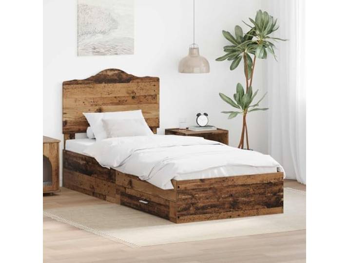 Stauraum Bettgestell Holzwerkstoff Schlafzimmer Modern 90 x 200 cm Braun Bettrahmen mit Kopfteil Altholz 90x200 cm Holzwerkstoff Stauraum Bettgestell mit Schublade Einzelbett Lattenrost Massiv Optik