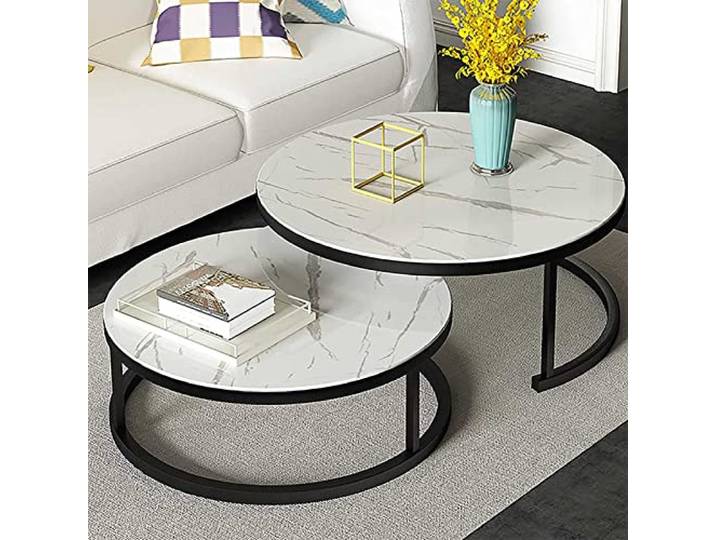 GHKFEJGDEN Runde Beistelltische, stilvolles, rundes 2er-Set ineinander schiebbarer Couchtische mit Marmorstruktur und Metallrahmen – perfekt für kleine Räume und Moderne Einrichtung.