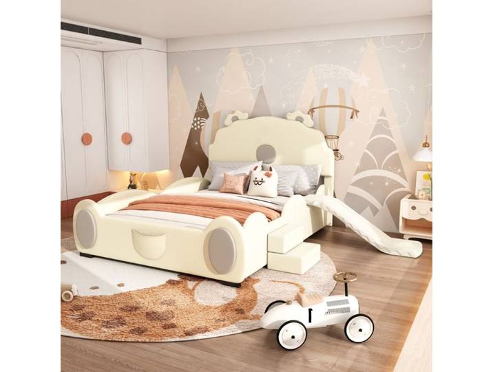 Lit enfant - MODERNLUXE - 140x200cm - Beige - Design ours - Toboggan inclus