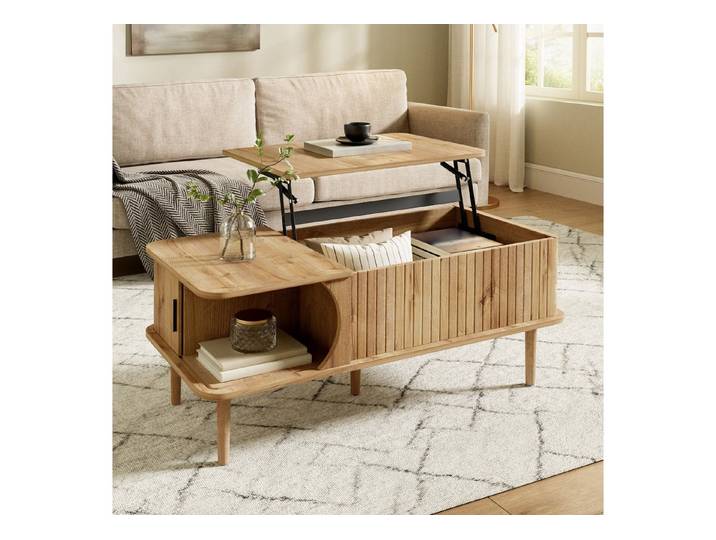 Fyrove Couchtisch Couchtisch Modern Retro, höhenverstellbare Tischplatte, verschiebbare (Set, Holz-Optik, vertikale Rillen, Holzbeine), multifunktionaler Wohnzimmertisch