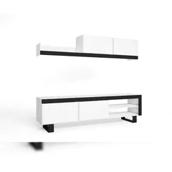 SKRAUT HOME IDEM Wohnzimmer, Möbelset, Hängeelement, TV-Unterschrank, Wohnzimmer-Set Farbe Weiß/Schwarz -200x40x180cm _ SALONIDEMBLANCOTALL