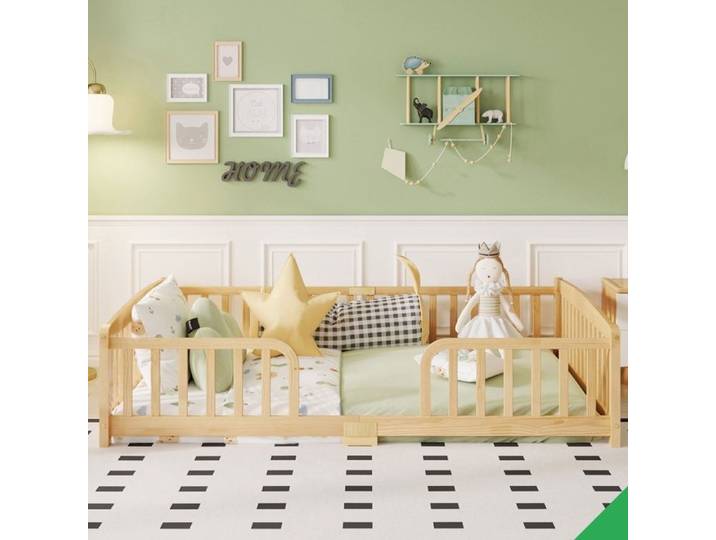 Lit au sol 140x200 pour enfant avec barrières hauteur basse et sécurité renforcée