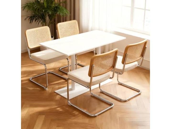 Ropilly Freischwinger Esszimmerstühle mit Chromgestell Velours und Rattan für Esszimmer Küche Wohnzimmer