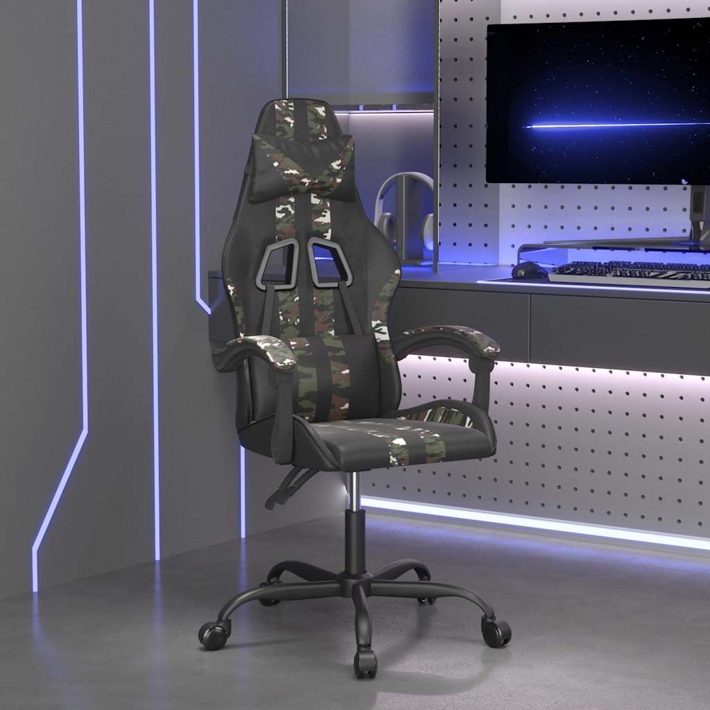 vidaXL Silla gaming giratoria cuero sintético negro y camuflaje Verde