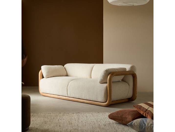 Bastian - Sofa aus massivem Mindiholz und Stoff, 3-Sitzer - Beige