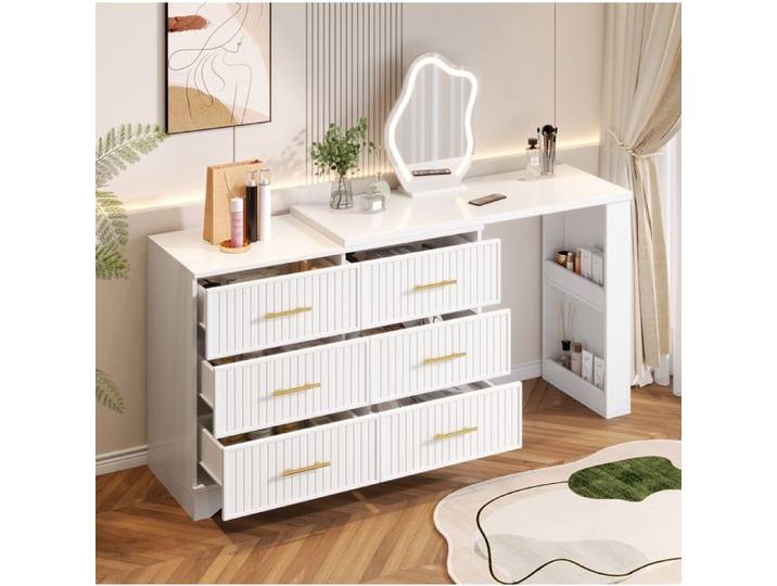 Coiffeuse pivotante LED avec miroir lumineux 6 tiroirs rangements ouverts bureau blanc et doré VEVXYN