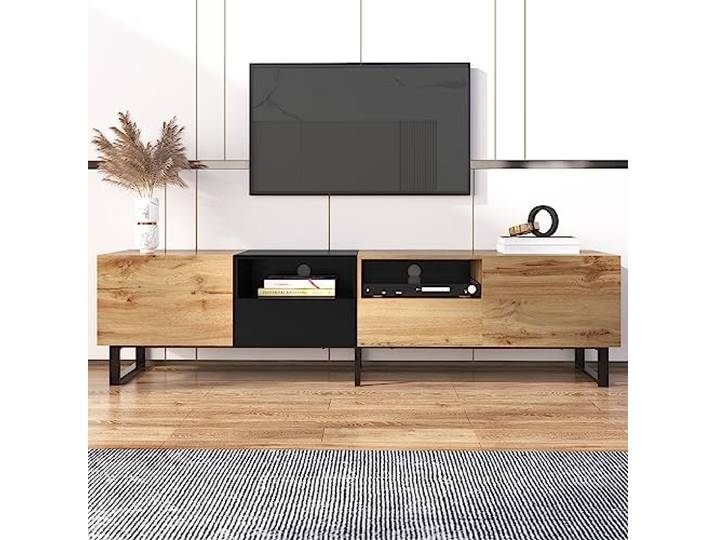 BTM Moderner TV-Ständer mit schwarzem und holzfarbenem Design – geräumiger Stauraum, robuste Konstruktion