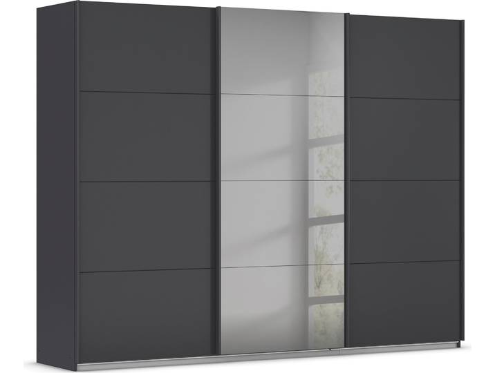 Schwebetürenschrank GOODPRODUCT Schlafzimmerschrank Kleiderschrank Schrank Garderobe FERRIS , grau (graumetallic), B:271cm H:210cm T:62cm, Holzwerkstoff, Schränke, Schwebetürenschrank, Mitteltür mit hochwertigem Grauspiegel MADE IN GERMANY