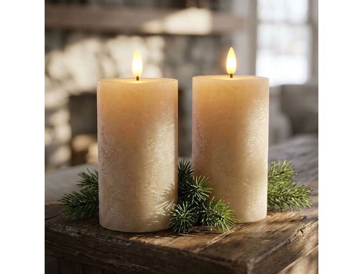 2er-Set LED Echtwachskerze mit Timer, Ø7,5x15cm, creme-beige