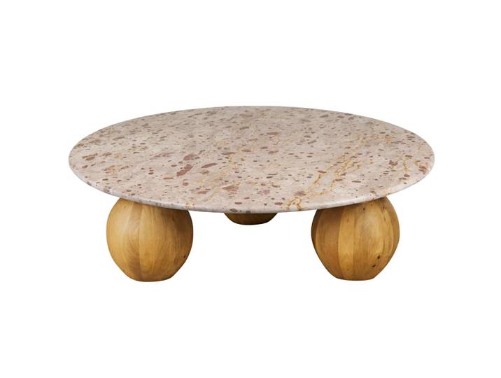 Runder Couchtisch aus Stein und massivem Mangoholz, D100cm