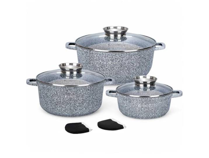 EliteHoff Kochtopf Set Induktion, Topf aus Aluminiumguss mit Antihaftbeschichtung, Topfset mit Glasdeckel für alle Herdarten inkl. Induktion, Gas, Elektro, Halogen, Keramik (Grau, 6-teilig)