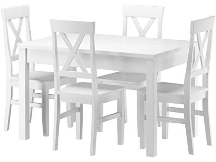 Erst-Holz Massivholz-Essgruppe mit Tisch und 4 Stühlen Kiefer Waschweiß