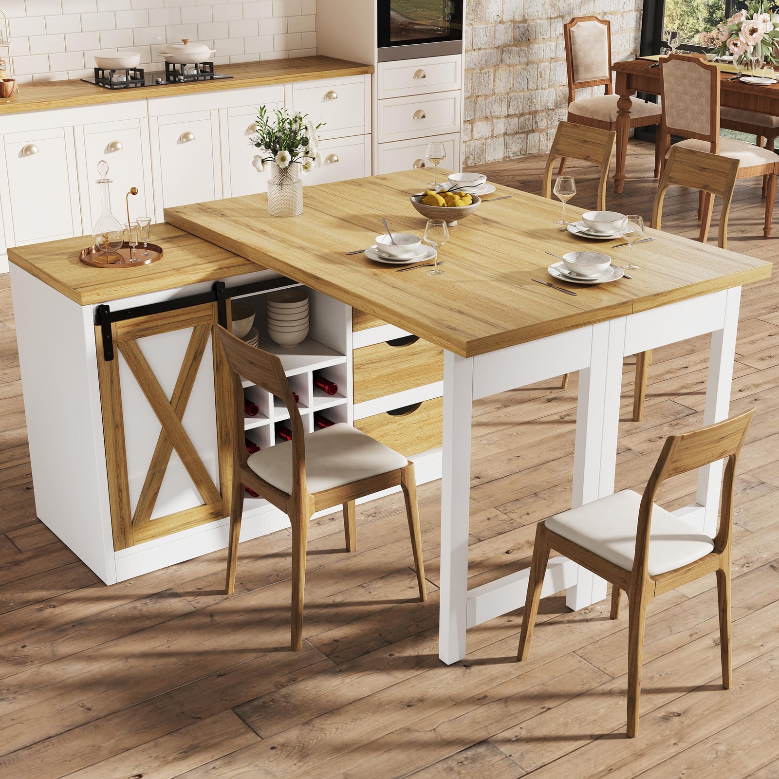 Flieks Keukeneiland met uitbreidbare eettafel, lades en wijnrek, wit