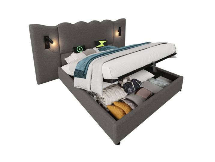 Lit rembourré 160x200 gris avec lampe de lecture et USB-C