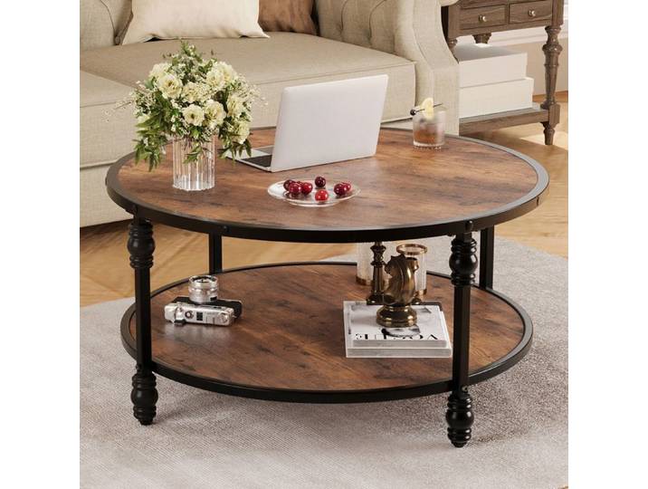 Table Basse - PROMIRACAL - Vintage - 2 Niveaux - Bois Massif - Marron