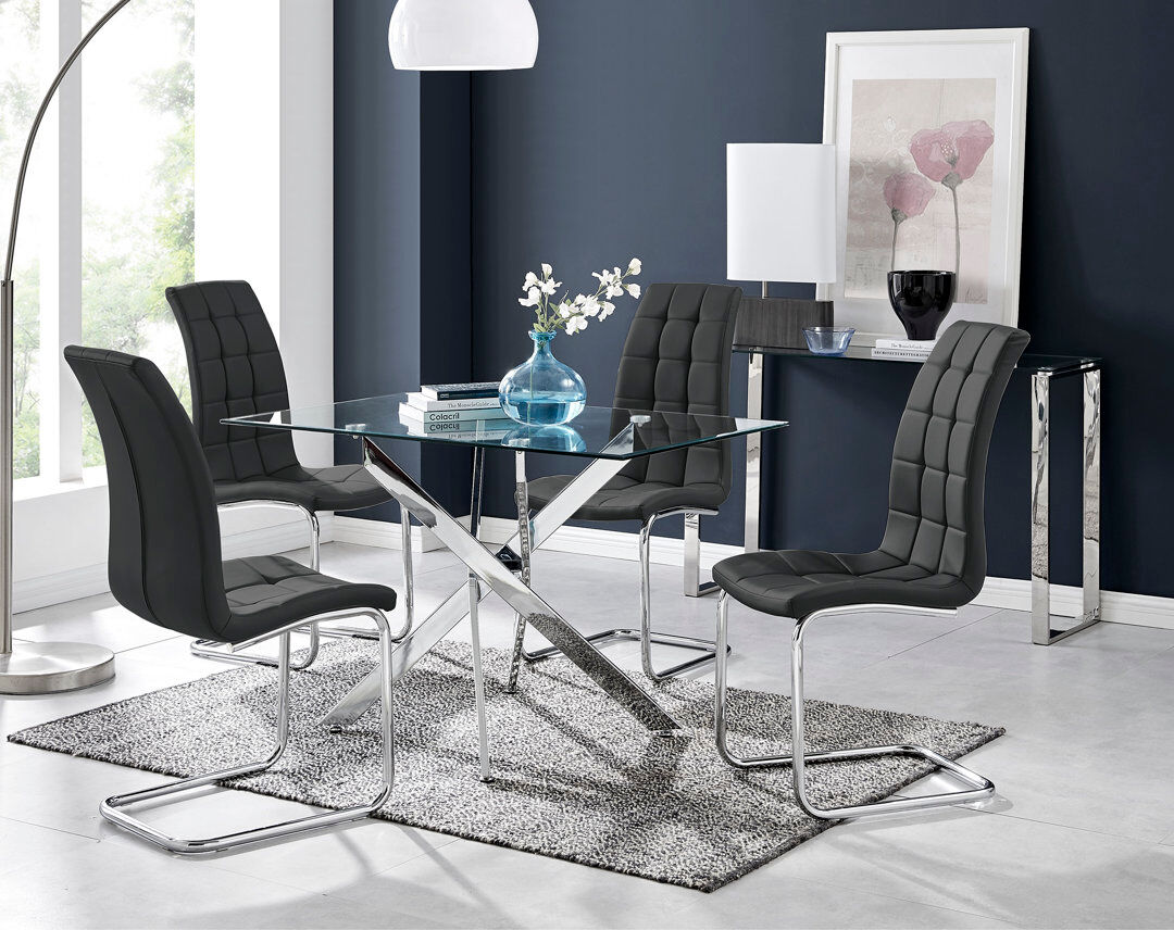 Canora Grey Lenworth Chrome and Glass Rectangular Dining Table Set with 4 Modern Faux Leather Chairs Black 4