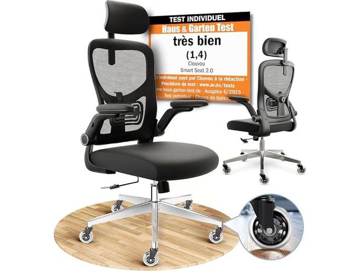 Chaise de bureau - CLOUVOU - SmartSeat - Accoudoirs rabattables - Dossier mesh respirant - Mécanisme DualSync