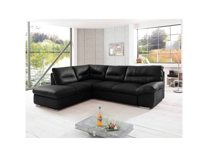 Ecksofa Doug mit Ottomane Schwarz/Schwarz Echtleder Ramsa 268 x 87 x 216cm Ottomane davorstehend links Modern