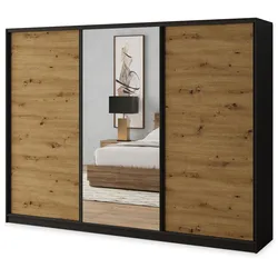 SCHWEBETÜRENSCHRANK SORE 270/205/58 cm 3-türig mit Spiegel und 4 Schubladen Schwarz