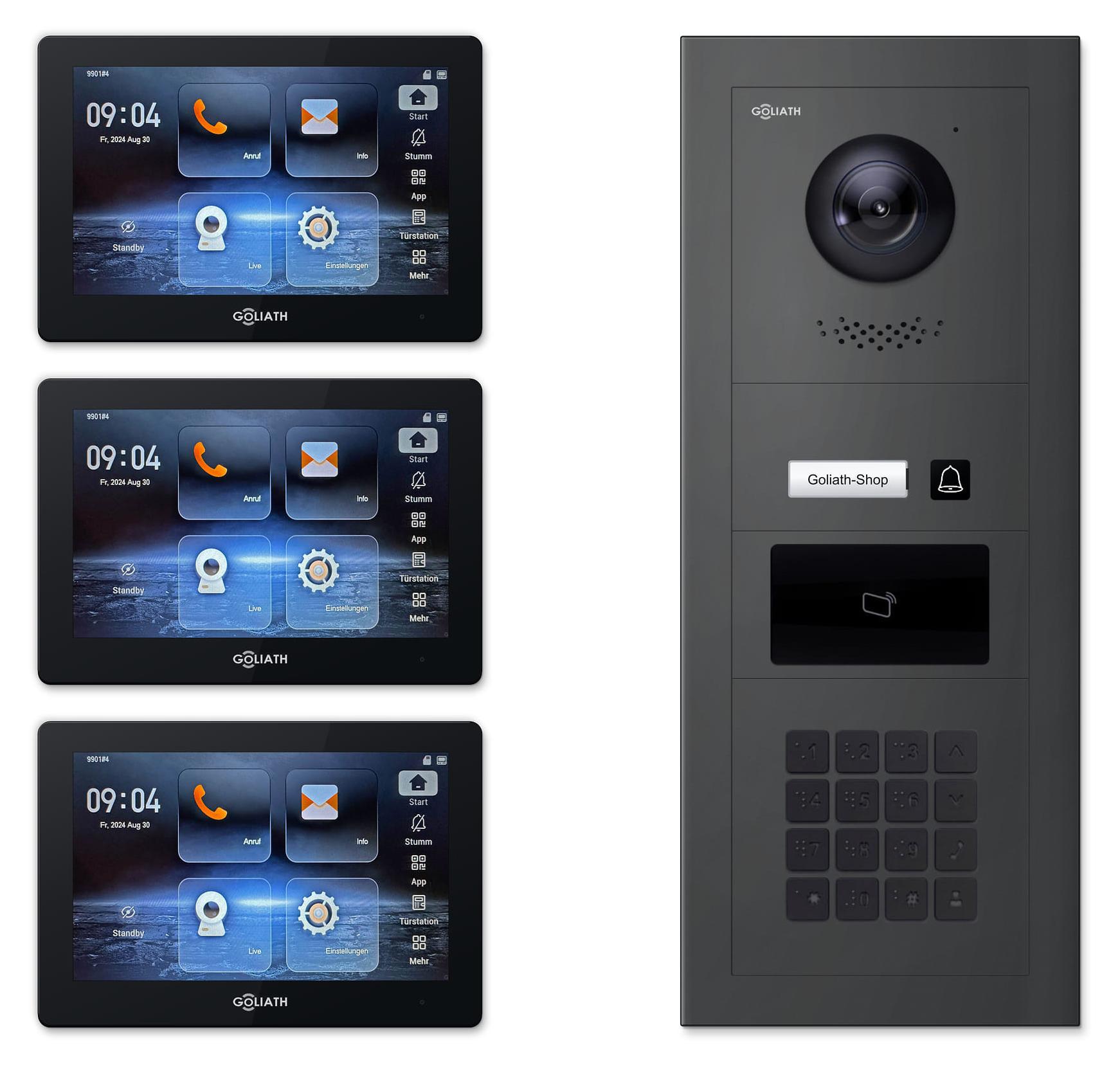 Goliath IP-Video-Türsprechanlage GL-IPH150M für 1 Familie - Zahlencode, RFID : 3 Monitore : 7 Zoll Schwarz : Anthrazit : Unterputzdose Monitor Anzahl: 3 Monitore Monitor Farbe: 7 Zoll Schwarz Montage: Unterputzdose Türklingel Farbe: Anthrazit