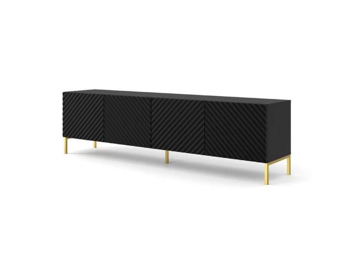 Meuble TV SURF 200 cm 4D façades fraisées noir mat sur pieds dorés - SURF - Meuble TV - Noir Mat - Adulte - Mat