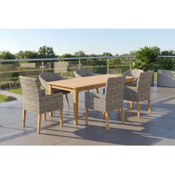 OUTFLEXX Borneo/Kota Garten-Essgruppe, natur/grau-meliert, Akazie/Alu/Polyrattan, 220x100 cm, 3 Cocktail-, 3 Landhaussessel, FSC®-zertifiziertes Produkt