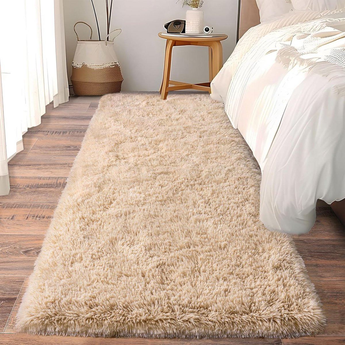 Hoogpolig Vloerkleed Beige met Antislip Onderkant en Zacht Pluche