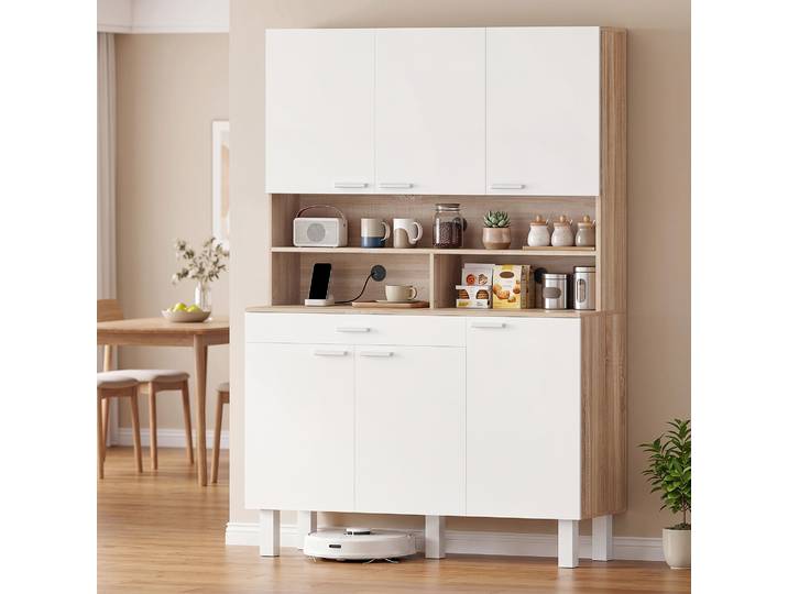 HOMCOM Armoire Cuisine 6 Portes Tiroir Étagères 120x40x175cm Blanc
