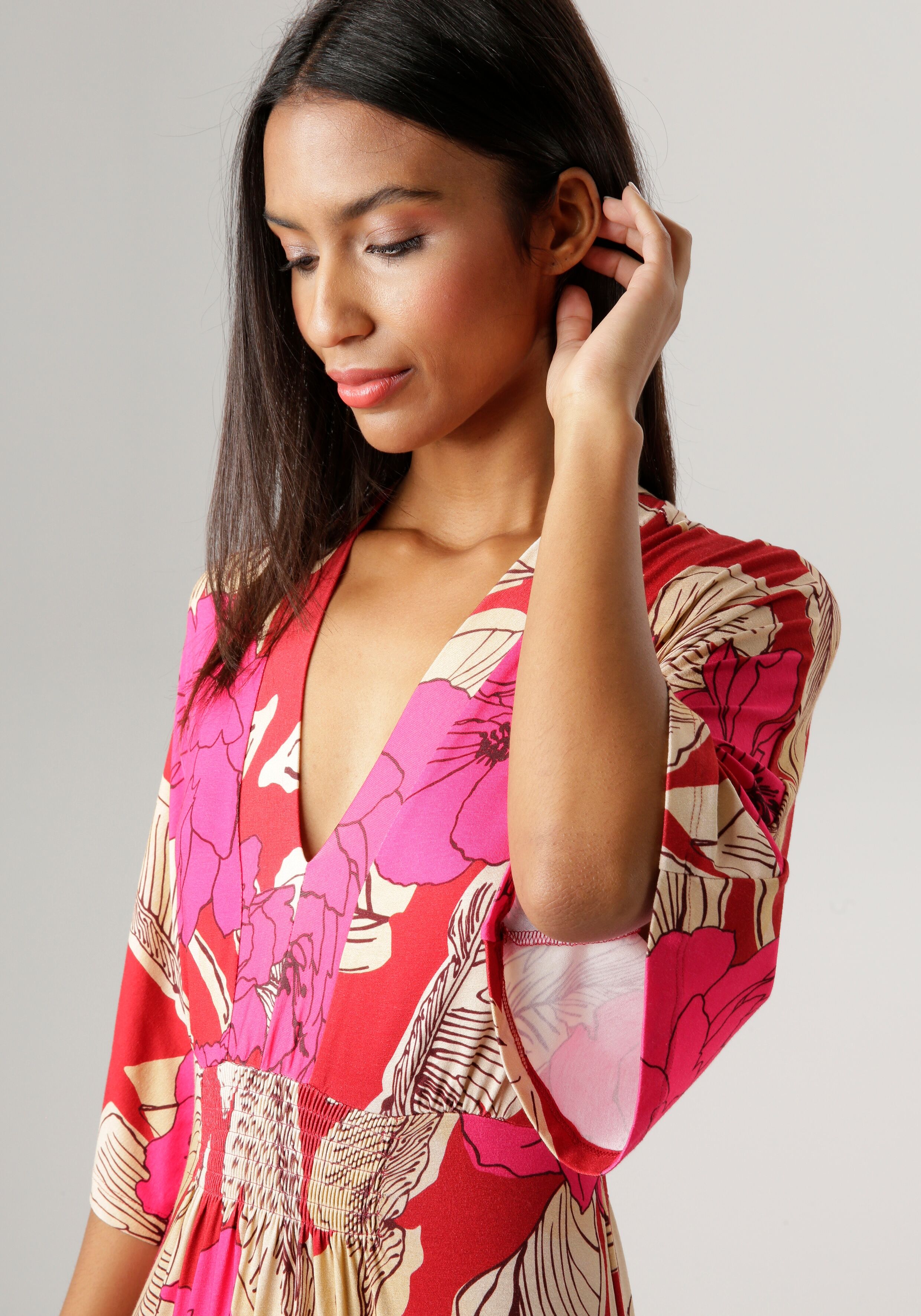 Sommerkleid ANISTON SELECTED, Damen, Gr. 40, N-Gr, 3/4 Arm, Single Jersey, bunt (rot, beige, pink), Single Jersey, Obermaterial: 95% Viskose, 5% Elasthan, bedruckt, geblümt, lässig geschnitten lang, V-Ausschnitt, weit, Kleider Sommerkleid, mit großflächig