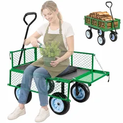VEVOR Bollerwagen 226,8 kg Tragkraft, Gartenwagen mit Sitz & PU-Rädern, Transportwagen mit Werkzeugablage & Verstellbarem Griff, Gerätewagen für Rasen, Terrasse, Garten & Grünflächen,