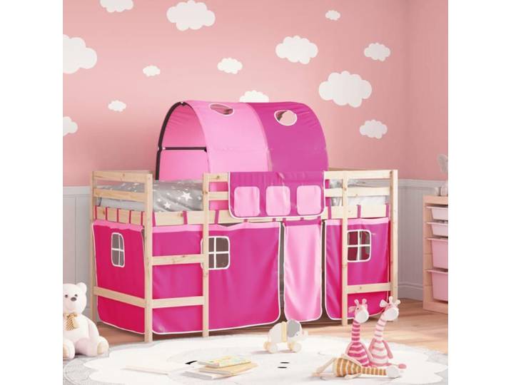 Lit Mezzanine Enfants avec Tunnel Lit Surélevé pour Enfants avec Échelle Meuble de Rangement Chambre Moderne Rose 3206984