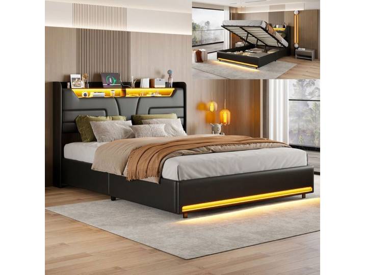 Lit coffre 160x200 cm - NMONET - LED - USB - Hydraulique - Tissu PU Noir