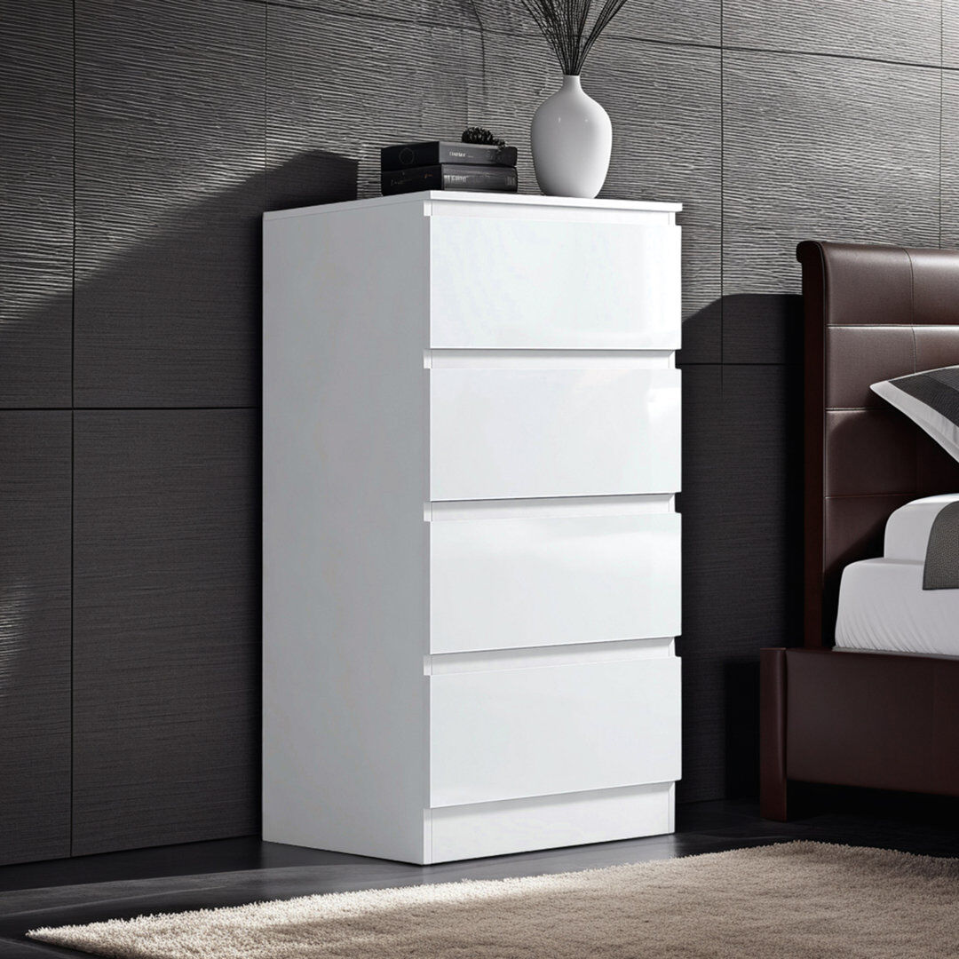Zipcode Design Carlton 4 Drawer Tallboy Chest Of Drawers. 40cm Wide. High Gloss Front. Scratch Resistant. Modern No Handle Design. White 99cm H X 40cm W X 40cm D
