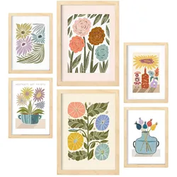 POSTER Set Mit 6 Drucken Blüten In Der Sammlung Ethnischer Style Drucke Dekorative Rahmen Für Zuhause Wandkunstdruck A3 & A4 Rahmen Aus Hellem Holz