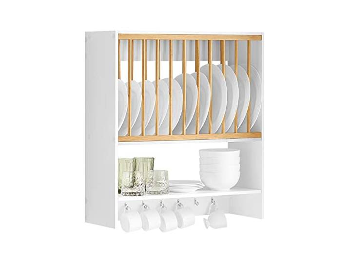 SoBuy Porte-Assiettes Murale\, 11 assiettes\, 7 crochets\, blanc\, 64x71x24cm Meuble de Rangement d'Assiettes Mural avec étagère\, séchage & gain de place\, charge 10 kg\, MDF/bois\, cuisine & repas\, KCR09-W