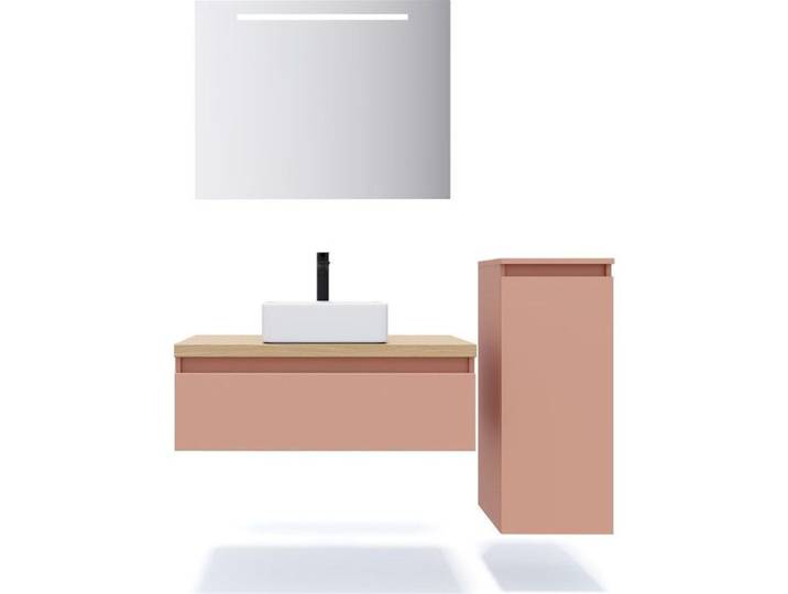 Ensemble salle de bain vasque posée 90cm 1 tiroir Abricot + miroir + colonne droite - Hudson