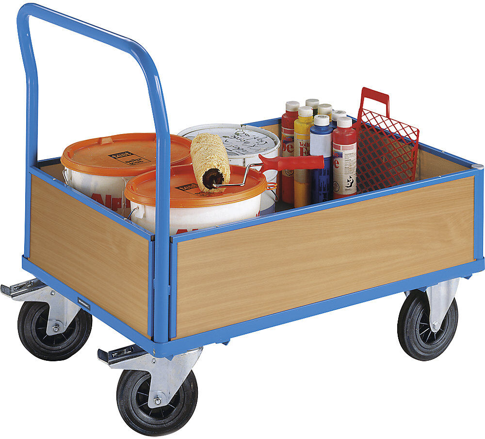 Plattformwagen mit Holzwänden, mit 4 halbhohen Wänden, LxB 1050 x 700 mm, Luftreifen eurokraft pro