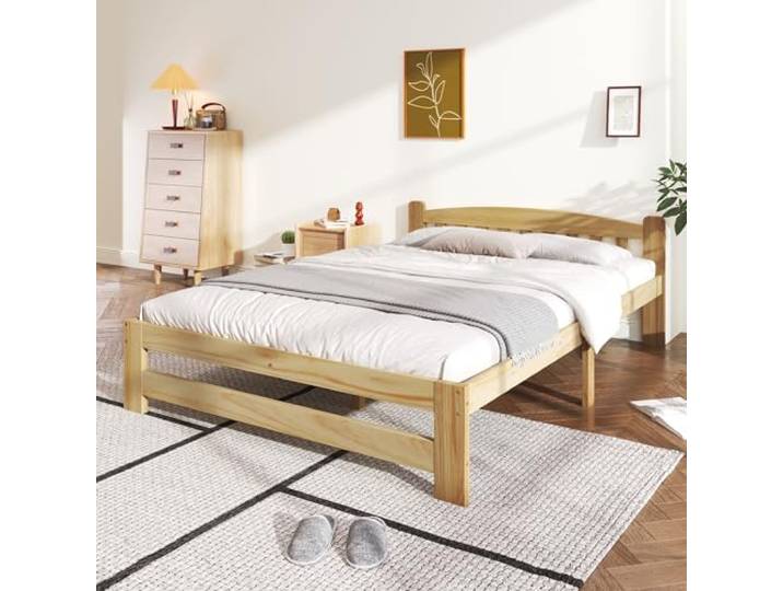 Merax Massivholzbett 140x200cm, Doppelbett aus Holz mit Kopfteil und Lattenrost, hochwertiges Bettgestell, Solide Futonbett, Jugendbett, Erwachsenenbett, ohne Matratze, Natur