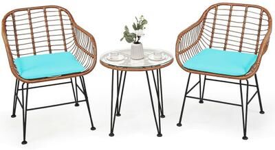 Costway 3 Pieces Patio Rattan Bistro Set with Cushion-Turquoise