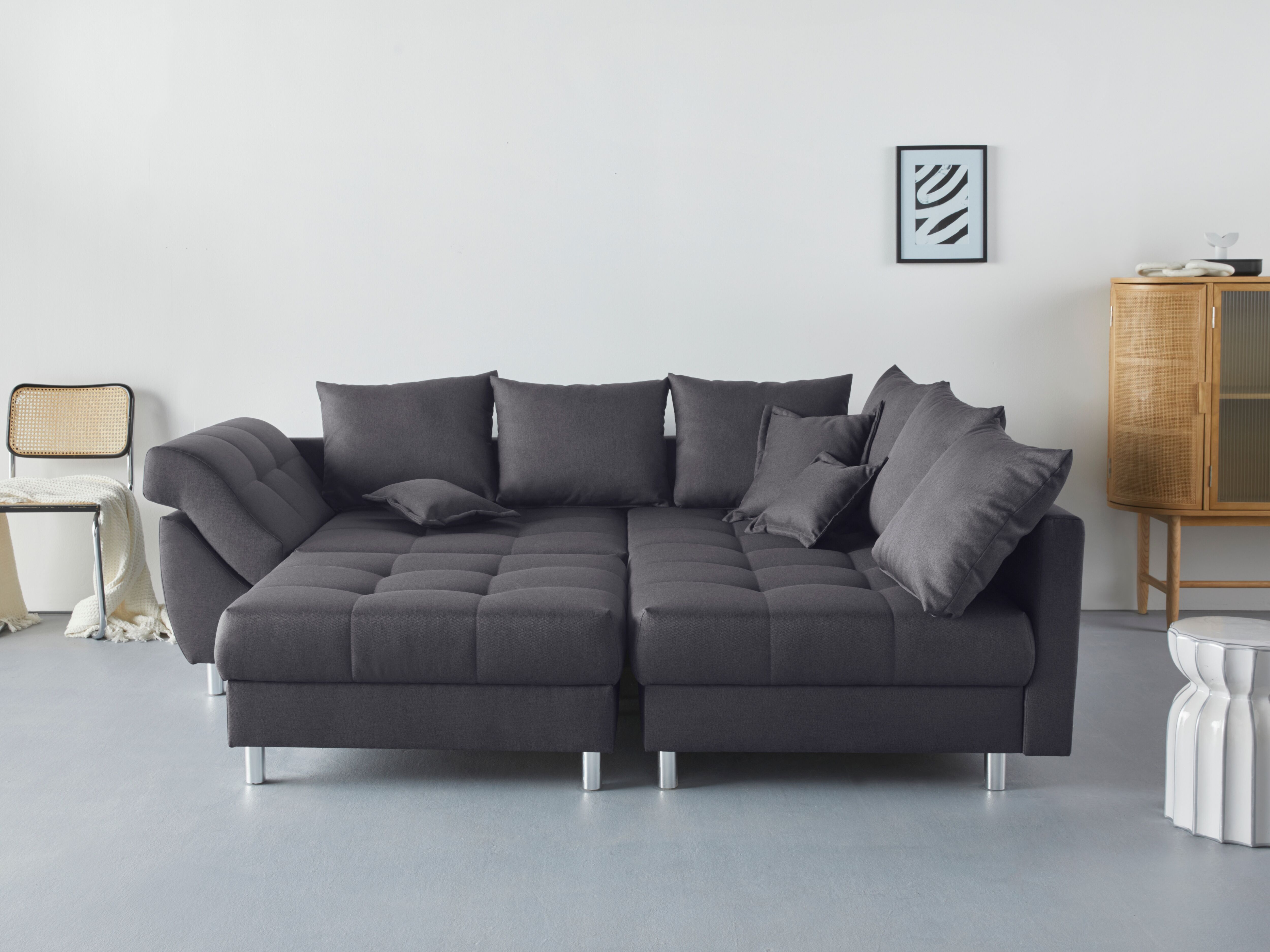 Ecksofa COLLECTION AB "Innsbruck L-Form, B: 247 cm", grau (anthrazit), B:247cm H:87cm T:189cm, Microfaser PRIMABELLE (100% Polyester), Struktur (90% Polyester, 10% Polyacryl), Samtvelours (100% Polyester), Luxus-Microfaser Antiklederoptik (100% Polyester)