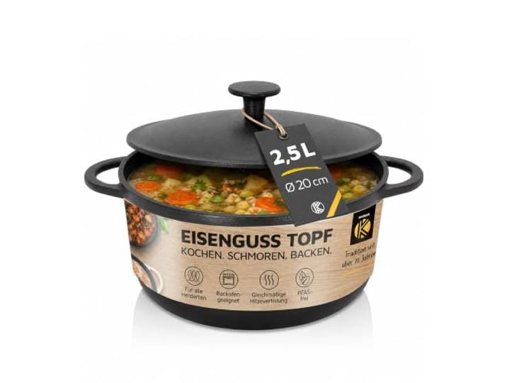 Krüger Gusseisen Schmortopf Rustica Ø 20 cm 2,5 L Brotbacktopf schwarz
