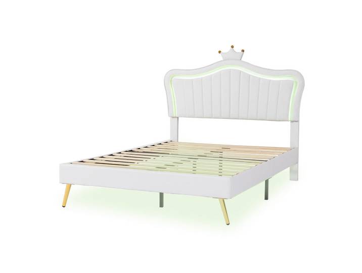Komhtom Kinderbett 140 x 200 cm, weißer PU-Leder-Doppel-Kronenbettrahmen mit LED-Lichtern, Weiß, Holz, Mode, 140x200 cm, Babymöbel & Kindermöbel, Kinderzimmer & Jugendzimmer, Kinderbetten
